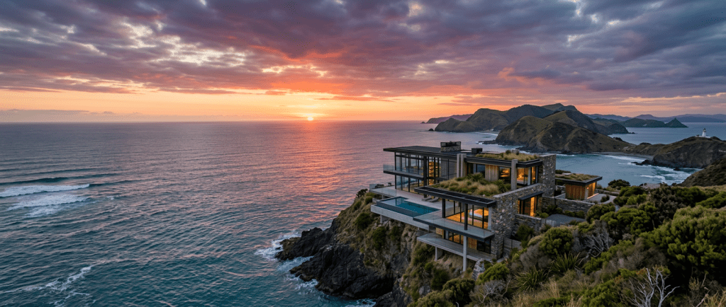 Modern multi-level house with glass walls and infinity pool on cliffside ocean view at sunset